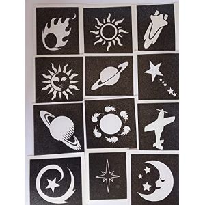 30 x pochoirs espace pour glitter tatouages ​​aérographe / / de nombreuses utilisations! Planète Saturn OVNI lune étoiles (Dazzle Stencils Limited, neuf)