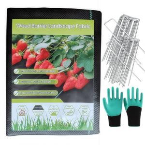 Lanyesky Chiffon de Couverture, 1x20M polypropyl&egrave;ne tiss&eacute; Pile de Mauvaises Herbes avec 20 poteaux de Jardin et Gants - 100g/m&sup2; Tissu de d&eacute;sherbage Hydrofuge r&eacute;sistant aux UV (1m x 20m) (Lanyesky, neuf)