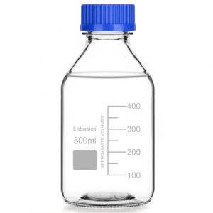 Labasics Bouteilles Rondes de Stockage de M&eacute;dia avec GL45 Blue Screw Cap, Verre Clear Wide Mouth Gradu&eacute; Rond Stockage de Supports de R&eacute;actifs Bouteille en Verre Lab, 500 ml (J&D Tech FR, neuf)