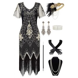 BABEYOND Robe à manches courtes pour femme - Style années 1920 - Gatsby - Costume de fête à thème Gatsby, Ensemble - Or noir, M (BABEYOND  FR, neuf)