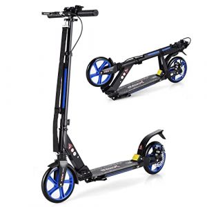 GYMAX Trottinette Enfants et Adultes, Plus de 8 Ans, Trotinette Pliable &agrave; Hauteur R&eacute;glable, Charge Max 100 KG, Scooter en Alliage d'Aluminium avec Freinage Double, 95 x 37 x 86,5-101 CM (Bleu) (GYMAX EU, neuf)