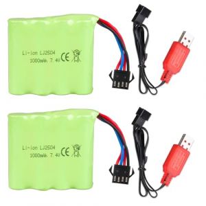 2PCS 7.4 V 1000 mAh Batterie Lithium avec Prise SM-4P et Câble de Charge USB pour RC Voiture Bateau Camion, DE36W DE65 NO.1809 Voiture Jouet RC, Voiture Tout-Terrain (Aofonchy, neuf)