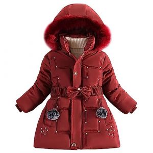linboo Doudoune Fille Princesse Manteau Hiver Blouson Polaire Veste Enfant Chaude à Capuche Fourrure Epaisse Parka avec Perles Cloutées, Rouge, 11-12 ans (TBONBON-EU, neuf)