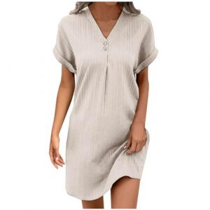 Robes Femmes D Été, Robe Beige Femme Chic Et Elegant Manche Courte Meilleures Ventes, Jupe Dress en Coton Lin Col V De Plage Mi Longue Couleur Unie avec Boutons Tunique (ChaoWenMao, neuf)