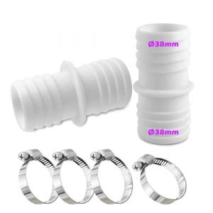 Rhsemi Lot de 4 raccords de Tuyau de 38 mm en Acier Inoxydable - Blanc - Adaptateur pour Tuyau de Piscine - Double Embout (2 pi&egrave;ces) (RHSEMI-EU, neuf)