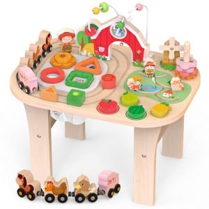 Table de jeu en bois de ferme pour enfants, jouet &eacute;ducatif Montessori avec circuit de motricit&eacute;, trieur de formes et chemin de fer animal, jouet sensoriel pour les tout-petits, cadeau &eacute;ducatif pour (Rmitan, neuf)