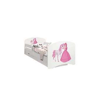 Happy Babies - LIT D'ENFANT DOUBLE FACE AVEC TIROIR Design moderne avec bords s&eacute;curis&eacute;s et matelas en mousse antichute 7 cm (Princesse &agrave; cheval, 140x70) (EuroTrip, neuf)