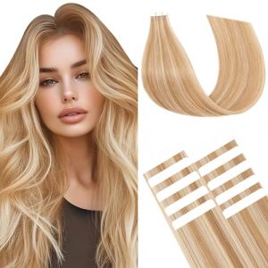 Benehair Extension Adhesive Cheveux Naturel, 10Pcs 15g Extensions de Cheveux Naturels Adhésive, Invisible Extensions de Cheveux Humains, Tape in Hair Extensions 55CM, Brun Doré & Blond Très Clair (fashion idol collection, neuf)