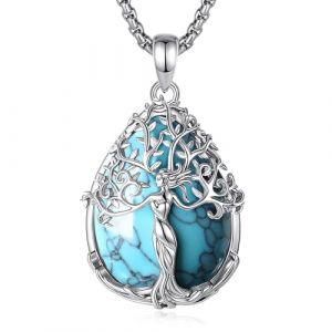 CELESTIA Collier Arbre de Vie Femme Turquoise Pendentif Argent Plaqu&eacute; avec Chaine Acier Inoxydable Bijoux Pierre Bleu Id&eacute;e Cadeau Femme Anniversaire/Saint-Valentin/No&euml;l (CELESTIA, neuf)