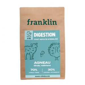 Franklin Bien-Être – Croquettes Chat Stérilisé Sensible – 6kg – 70% de Viande – sans Céréales – Digestion Facile – Anti Stress – Taille 10mm – Agneau, Dinde, Valériane (Franklin Pet Food, neuf)