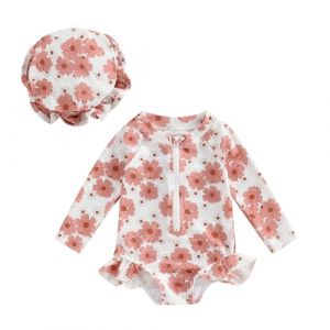 Carolilly Maillot de Bain Une Pièce Bébé Fille à Volant Imprimé Floral, Maillot de Bain Anti-UV à Manches Longues avec Chapeau (6 Mois à 3 Ans) (Blanc Fleur, 18-24 Months) (La Vie Brillante, neuf)