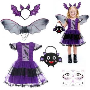 VOPIWOZ Costume de Chauve-Souris Halloween pour Fille, Costume de Sorcière pour Enfant, Costume de Chauve-Souris pour Enfant Avec Ailes et Robe, pour Carnaval, Halloween, Bal Masqué (140 cm) (Grewoz, neuf)