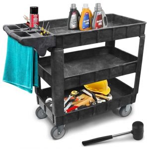 Chariot d&rsquo;Atelier &agrave; 3 Niveaux (103&times;44&times;85 cm) &ndash; capacit&eacute; 250 kg, Plateaux r&eacute;glables, poign&eacute;e Ergonomique avec rangements, Roues Fixes & pivotantes &ndash; maillet en Caoutchouc Inclus (Animal Abode, neuf)