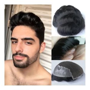 Perruque pour homme, Perruque de remplacement de cheveux humains for hommes, syst&egrave;me de postiche, toupet, dentelle suisse faite &agrave; la main avec Base,Perruque blonde(Jet Black,6x8) (zhuyanbo, neuf)