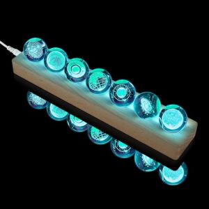 Boule de cristal de verre en 7 couleurs avec lumière LED sur pied en bois, 40 mm, quartz chakra cristal, boules de guérison, boules spatiales, veilleuse pour un usage domestique (Planet,Bois) (divinge, neuf)