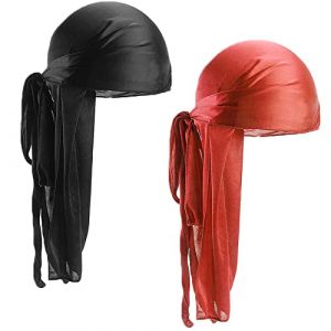 Mikihat 2Pcs turban Durag à Longue Queue, Unisexe Silk Durag Larges sangles Bandeaux Headwrap Bandanas Chapeau Hat Durag Pirate Hat pour Hip-hop Décoration Quotidienne (Noir+Vin Rouge) (bestimeth, neuf)