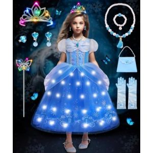 COYBTO Robe Princesse Fille, LED Belle Cendrillon Raiponce avec Perruque Couronne Princesse Lumineuse, Deguisement Princesse Belle pour Cadeau Fille, Robe de Princesse Belle pour Carnaval (GAB GELH, neuf)