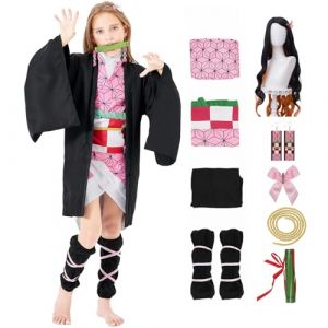 Pomzio Déguisement Nezuko Cosplay Costume Deguisement Cosplay Nezuko Fille Femme Manga Kimono avec Perruque pour Enfant adulte pour Halloween Carnaval, MDZ Enfant 150 (Assmpsit, neuf)