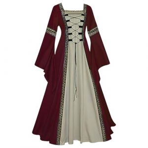 Feynman Robe m&eacute;di&eacute;vale pour femmes avec manches trompettes, robe victorienne de la reine m&eacute;di&eacute;vale de la Renaissance gothique, robe maxi de carnaval Halloween, Rouge Bordeaux, 2XL (Feynman-EU, neuf)