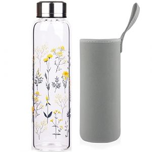 Reeho Bouteille d'eau en Verre, Gourde en Verre avec Housse en N&eacute;opr&egrave;ne et Bouchon en Acier Inoxydable, sans BPA, 500ml / 1000ml / 1 Litre (1000ml, Branches Fleuries) (hilokuneu, neuf)
