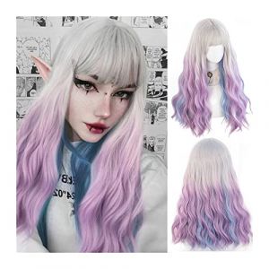 Perruque Femme Perruque Synthétique Longue Ondulée Bouclée avec Frange, Perruque Cosplay Lolita Ondulée Multicolore, Perruque Synthétique Résistante à la Chaleur Argent Blanc Dégradé Violet Bleu Perru (hailiangwufeng, neuf)
