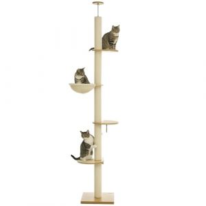 PawHut Arbre à Chat, Arbre à Chat Haut de Plafond, 230-250 cm, Arbre à Grimper avec hamac, Arbre à Chat réglable en Hauteur, Arbre de Jeu avec Protection Anti-basculement, Peluche, Chêne+Crèmeblanc (AOSOM-DE, neuf)