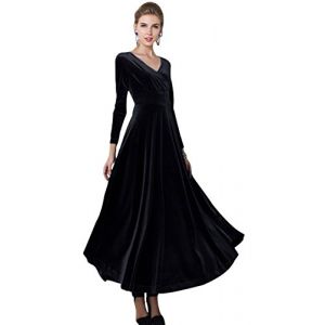 Urban GoCo Femme Vintage Velours Robe Col V Manches Longues Robe de Soir&eacute;e Cocktail Robe Longue (M, Noir) (EEVASS, neuf)