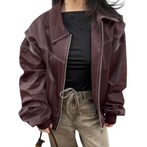 ORANDESIGNE Veste de Motard Surdimensionn&eacute;e en Similicuir pour Femme Leather Blazer Manteau Fermeture &eacute;clair Oversize Jacket Veste Bomber en Cuir F Rouge Fonc&eacute; S (Wowmart Zoo X., neuf)