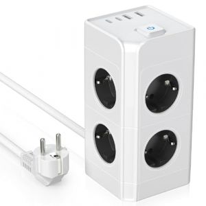 Multiprise 8 Prises EU avec Parafoudre, 2 Ports USB-A, 2 Ports USB-C &ndash; PC Ignifuge, Protection Contre Surcharge, S&eacute;curit&eacute; Enfant, C&acirc;ble Pur Cuivre 2M, 3680W pour Maison & Bureau SUNMATIC (Batterystore, neuf)