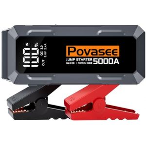 Povasee Booster Batterie Voiture, 5000A Booster Batterie (Jusqu'à Tout d'essence ou 10L Diesel) avec Écran 3" LCD, Booster vec Deux Sorties USB et LED, Demarreur Batterie Voiture pour Véhicules 12V (Povasee Direct, neuf)