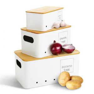 Lannvan Boite Pomme de Terre, Lot de 3 Rangement Oignons Ail Pomme de Terre, Boite Oignon, Boite Ail, Boîte de Conservation avec Couvercle en Bois, Boite Rangement Cuisine(Blanc) (Madscal, neuf)
