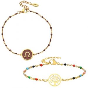 Caimeytie 2 bracelets,1 bracelet zodiaque femme,et 1 bracelet arbre de vie,parure bijoux femme acier inoxydable,bracelet multicolore,id&eacute;e cadeau femme,bracelet Lion (YIXUYU, neuf)