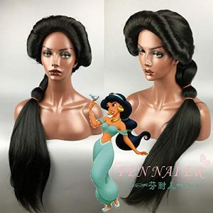 Perruque de cosplay Princesse Jasmine Cosplay Perruque noire Cheveux longs Aladdin et la lampe magique Jeu de rôle Halloween Cheveux tressés + bonnet de perruque (GUANBAIJI1982, neuf)
