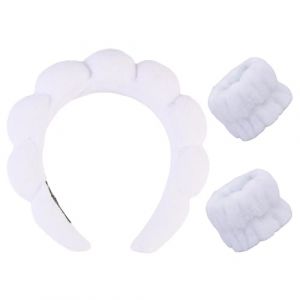 Fancylovesotio Lot de 3 bandeaux et bracelets de spa pour le lavage du visage - &Eacute;ponge &agrave; bulles - En tissu &eacute;ponge - Soin de la peau - Bandeau mignon - Blanc (qiuyangfz, neuf)