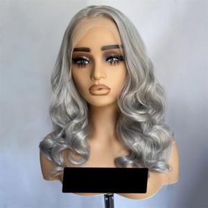 Perruque ondul&eacute;e courte pour femme 33 x 10 cm, perruque frontale synth&eacute;tique sans colle, perruque frontale en dentelle frontale gris argent&eacute; 9, 30,5 cm (Liukai.W, neuf)