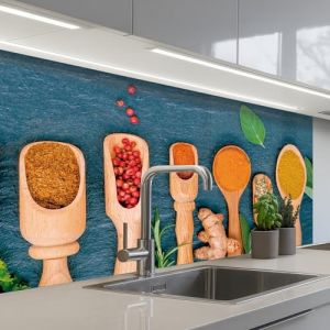 KitchenYeah&copy; Credence Cuisine Adhesive 60x100 cm Protege Mur Revetement Mural Adhesif Parement Interieur &Agrave; Coller Plaque Plastique Rigide Cuill&egrave;res - Bois - Herbes - &Eacute;pices (KitchenYeah, neuf)