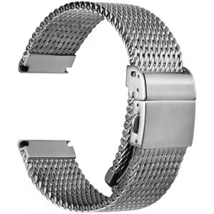 REZERO Bracelet M&eacute;tallique de Montre, Sangle de Montre en Maille Milanaise &Eacute;paisse et Solide, Finition Bross&eacute;e et Mate, Lani&egrave;re de Remplacement pour Homme, Femme, Argent/Noir 19mm 20mm 21mm 22mm (REZERO EU, neuf)