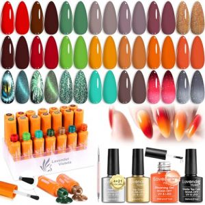 Lavender Violets Vernis Gel Semi-Permanent 25 pi&egrave;ce Blooming Gel/Base/Brillant/Top Coat mat/Pinceau &agrave; dessiner Manucure Herm&egrave;s Orange Nude Vert printemps Changement de couleur Cat Eye Magnets C404 (Lavender Violets, neuf)