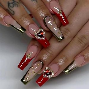 Faux ongles, ongles à presser Faux ongles longs en forme de cercueil avec colle, faux ongles marron portables avec strass, presse de Ballet, couverture complète(39) (zhangtingamz, neuf)