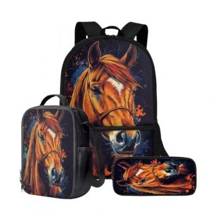 Wnbucioht Sac à dos 3 en 1 pour enfants garçons avec sac à déjeuner isotherme, porte-crayon, Motif cheval animal, One Size, Ensemble cartable (xiaohedianzishangwu, neuf)