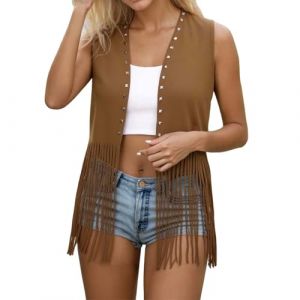 Celanisai Gilet western sans manches pour femme - Gilet de cowgirl en daim - Gilet &agrave; franges - Gilet en cuir r&eacute;tro boh&egrave;me hippie - Tenue de festival - Costume de carnaval - Rivets - Veste &agrave; franges (Bieuzhlo, neuf)