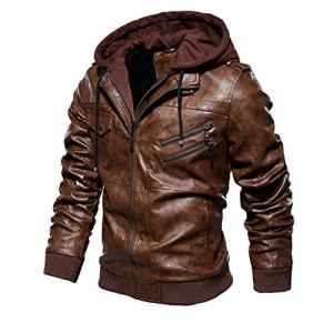 KUKICAT &agrave; Capuche Blouson Cuir Homme Jacket Cuir Biker,Hiver Oversize R&eacute;tro Chaud Veste en Cuir Plus Velours Manches Longues Veste Style Motard &agrave; Col Slim Vintage Blouson de Motard Casual (XIAOSUZHOUDD, neuf)