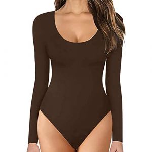 2026 Automne Hiver Femmes Col Rond Manches Longues Body Confortable Contre La Peau Tops Body Costumes V&ecirc;tements Femmes, caf&eacute;, M (⭐⭐⭐⭐⭐Five Amm⭐⭐⭐⭐⭐, neuf)