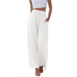 Voqeen Femme Pantalon D'été en Lin Taille Haute Couleur Unie Pantalon de Plage Large Décontracté Taille Élastiquée avec Poches (YCH_GO, neuf)