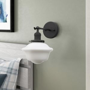 Pathson 1-Lumière Applique Murale, Luminaire Mural Industriel, Prise E27, Abat-jour en Verre Blanc Laiteux Lampe Murale pour Salle de bain, Miroir de Courtoisie, Chambre à Coucher, Cuisine (Noir) (Pathson (Europe), neuf)