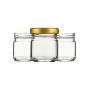 made in home - Lot de 100 mini bocaux en verre de 40 ml, pots à épices avec couvercle à visser, bocal à essai, pots à confiture, petits pots à miel, bocaux ronds (couvercles dorés) (MADE IN HOME, neuf)