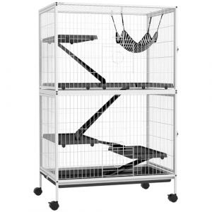 PawHut Cage pour Petits Animaux &agrave; 4 &eacute;tages Cage pour rongeurs avec Roues, rampes, hamac Suspendu et Plateau Amovible Enclos pour Lapins Chinchillas Furets 80x52x128 cm Blanc (OutSunny Iberica, neuf)