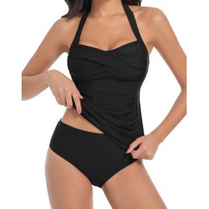 Muwodkdn Maillot de Bain Femme 2 Pieces 2025 Tankinis Femme Ventre Plat Maillot De Bain Deux Pièce Push Up Ensembles de Tankini avec Soutien-Gorge Haut de Tankini et Short de Bain Noir XXL (Broslooth, neuf)