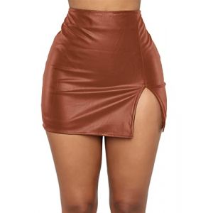 Panegy Mini jupe en cuir synth&eacute;tique - Jupe fendue pour femme - Jupe moulante - Taille haute - Jupe d&eacute;contract&eacute;e - Skinny, marron, M (QINGYUEEU, neuf)
