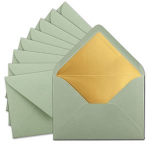 Lot de 10 enveloppes DIN C5 15,7 x 22,5 cm en eucalyptus (vert) avec doublure en soie dorée – Fermeture humide – Enveloppes vierges – Enveloppes postales sans fenêtre au format C5 (GUSTAV NEUSER GmbH, neuf)